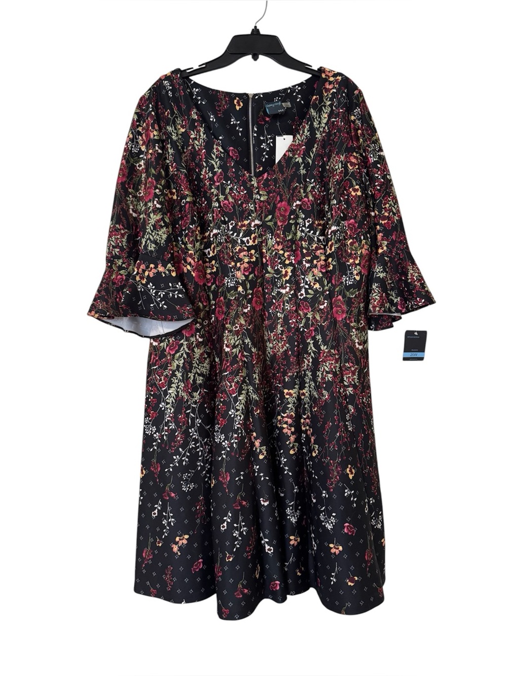 Gabby Skye Floral V-Neck Black Midi Dress with Bell Sleeves NWT Size 20W